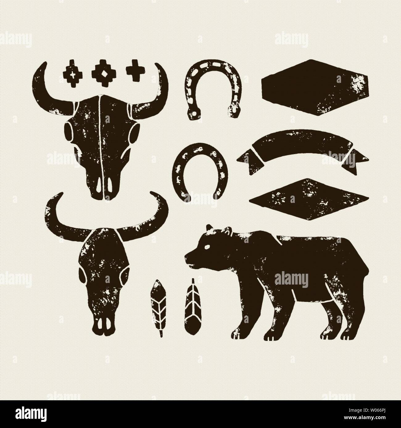 Vector set de part dessiner des éléments de l'Ouest sauvage sur un fond blanc. Les icônes de l'Ouest Cowboy en monochrome. Éléments de conception pour le label, logo, emblème, Illustration de Vecteur