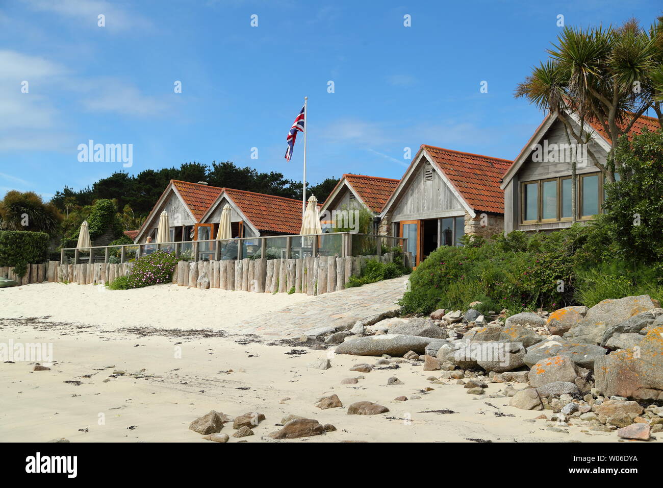 Sea Garden Cottages sur Tresco, Îles Scilly, Cornwall, UK Banque D'Images