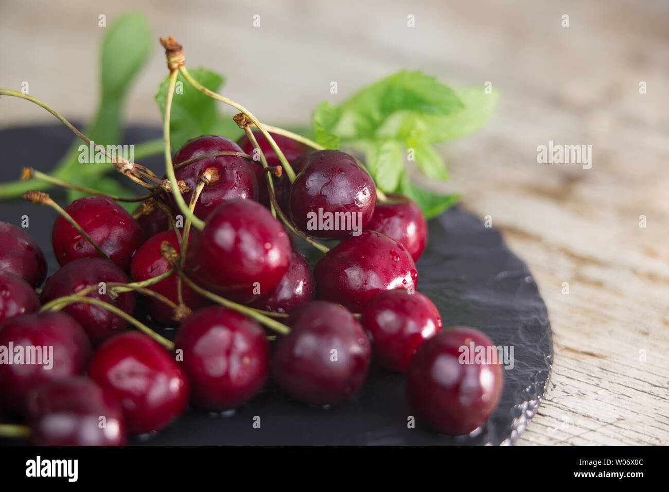 Cerises fraîches sur une plaque d'ardoise noire humide avec brin de menthe verte sur un parquet en bois clair table dans focus sélectif pour copy space Banque D'Images