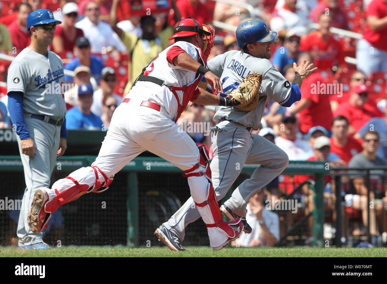 Cardinals de Saint-Louis catcher Gerald Laird tags des Dodgers de Los Angeles base runner Jamey Carroll dans la troisième manche au Busch Stadium de Saint-Louis Le 23 août 2011. Los Angeles a gagné le match 9-4. UPI/Bill Greenblatt Banque D'Images