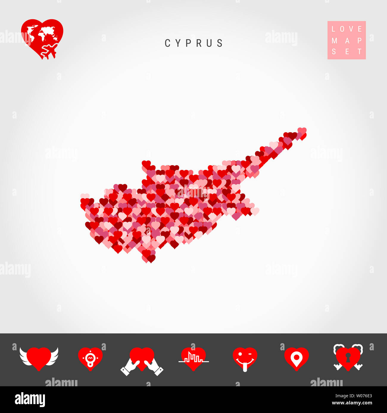 J'aime à Chypre. Coeurs rouges et roses Pattern Map de Chypre isolé sur fond gris. L'icône de l'amour ensemble. Banque D'Images