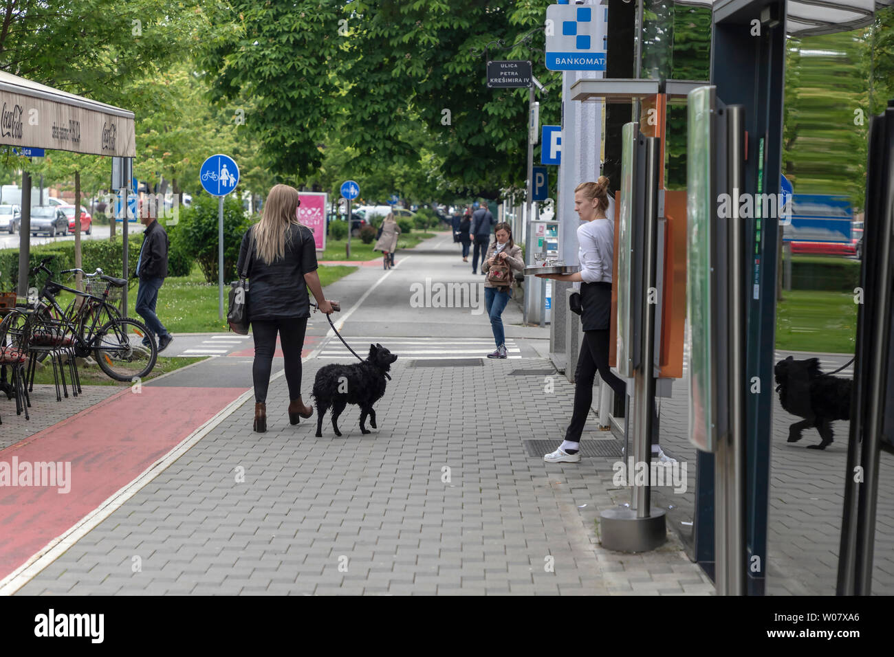 Slavonski Brod, Croatie, le 17 mai 2019 : Blonde woman walking chien noir à Petra Krešimira IV Street Banque D'Images