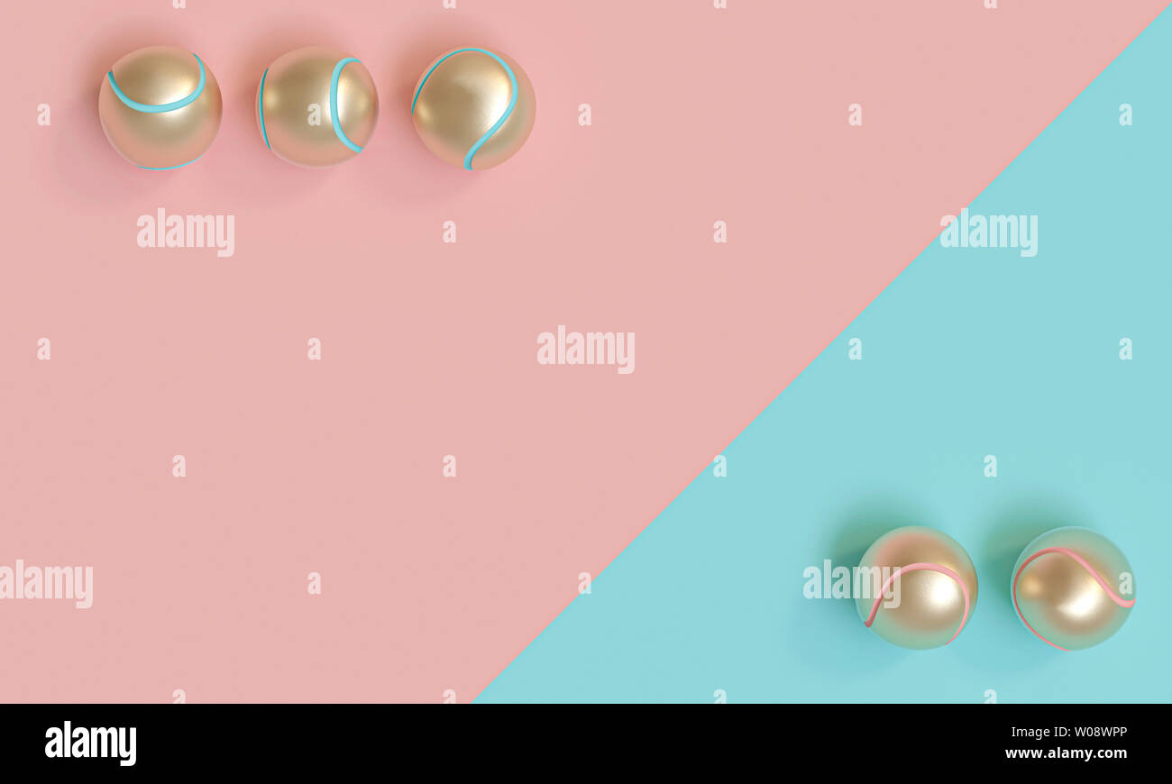 Les balles de tennis d'or sur un fond bleu et rose, concept de luxe et exclusivité.télévision lay, style de rendu d'images 3d. Banque D'Images