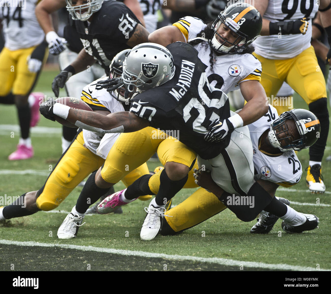 Oakland Raiders Darren McFadden (20) étend la balle sur la ligne de but pour un chantier comme sept TD Steelers de Pittsburgh Troy Polamalu (43) tente de le retenir au premier trimestre chez O.co Coliseum à Oakland, Californie le 27 octobre 2013. UPI/Terry Schmitt Banque D'Images