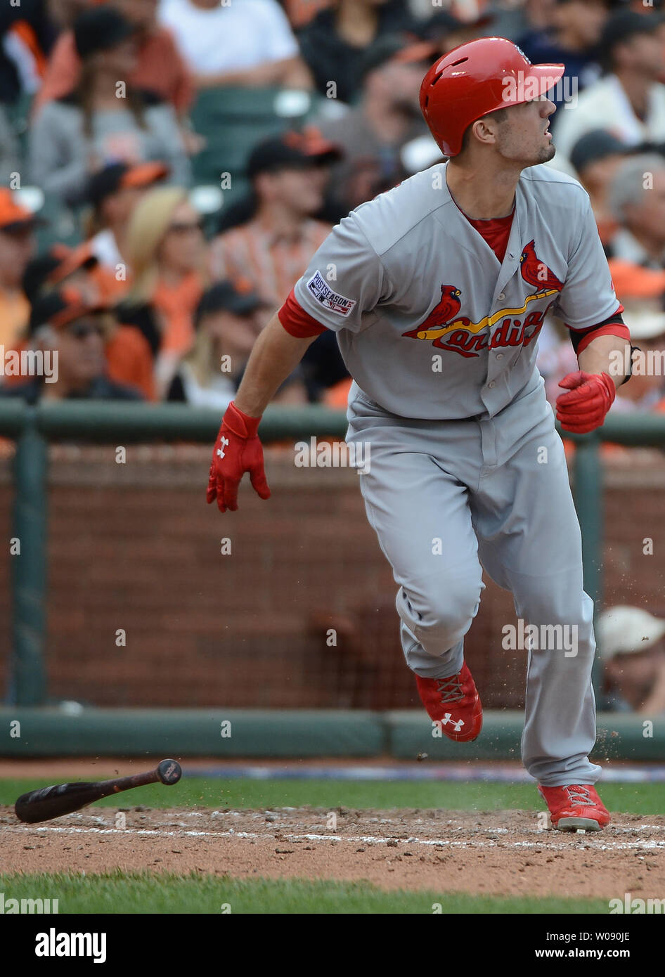 Cardinals de Saint-Louis champ centre Randal Grichuk regarde son solo accueil l'exécution sur les Giants de San Francisco au cours de la septième manche du Match 3 de la série de championnat de la Ligue nationale à AT&T Park à San Francisco le 14 octobre 2014. San Francisco et Saint Louis sont à égalité 1-1 dans la série. UPI/Terry Schmitt Banque D'Images