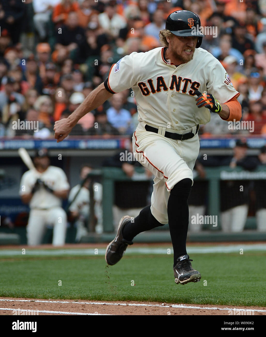 Avec ses coéquipiers de l'étang-réservoir balustrade, San Francisco Giants Hunter Pence est entraînée vers le bas la première ligne de base contre les Cardinals de Saint-Louis dans le fond de la neuvième manche du Match 3 de la série de championnat de la Ligue nationale à AT&T Park à San Francisco le 14 octobre 2014. Pence a été rejeté au premier abord. San Francisco et Saint Louis sont à égalité 1-1 dans la série. UPI/Terry Schmitt Banque D'Images