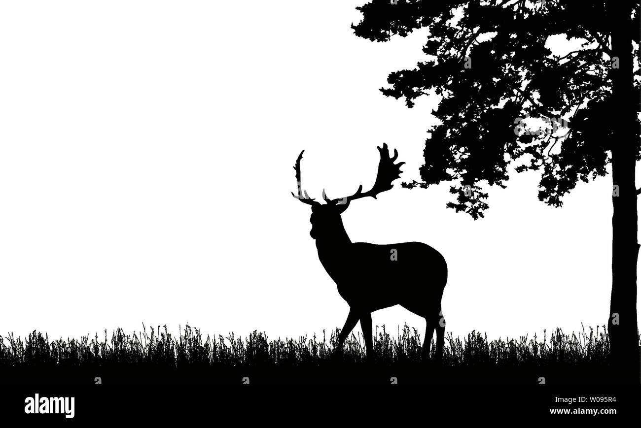 Illustration de l'article black réaliste avec bois de cerf, herbe et grand arbre. Isolé sur fond blanc, avec un espace réservé au texte - vector Illustration de Vecteur