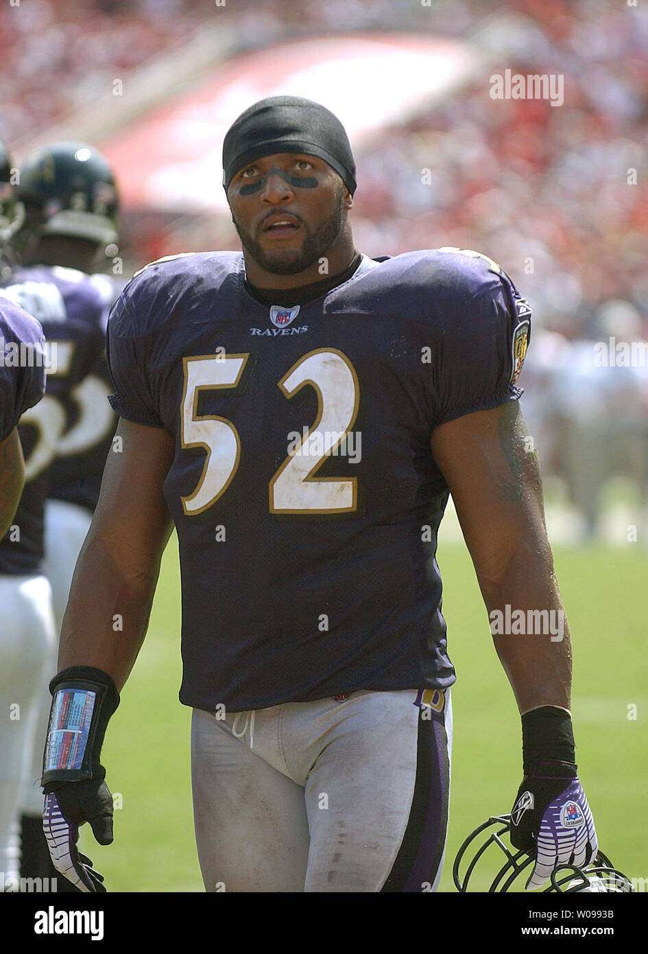 Baltimore Ravens' secondeur Ray Lewis (52) coups d'œil à l'intérieur entre joue dans un match contre les Tampa Bay Buccaneers chez Raymond James Stadium de Tampa, Floride le 10 septembre 2006. Les Ravens exclus les Buccaneers 27-0. C'est la première fois que le Buccaneers ont été privés depuis 1996. (Photo d'UPI/Kapulka Henry) Banque D'Images