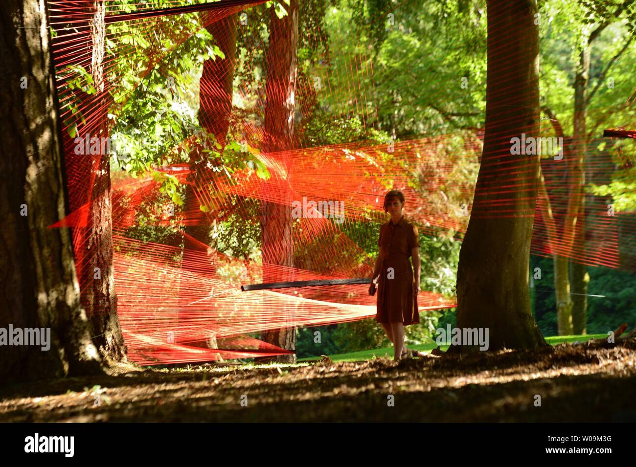 Jeudi 27 juin 2019. Ffin y Parc Conwy dans le Nord du Pays de Galles UK MIST, une installation d'art en plein air par Sébastien Preschoux à Ffin y Parc galerie sur la périphérie de Conwy dans le nord du Pays de Galles. Tissé à partir de 14km d'orange thread suspendu dans les arbres, le travail est le public britannique pour cette premiere artiste français et des éclats dans la vie dans le soleil du matin. Le projet a été organisée par les migrations, une organisation dédiée à l'art révolutionnaire de galles crédit Photo Keith Morris / Alamy Live News Banque D'Images