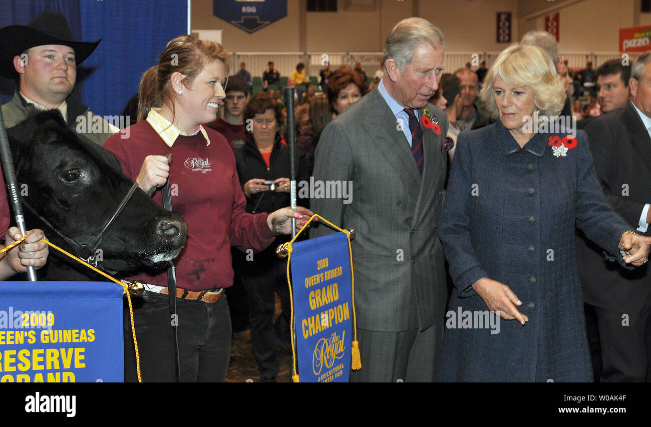 Le Prince Charles et son épouse Camilla (R), duchesse de Cornouailles, présente le championnat à la Cour suprême du ruban-Champion de la Reine pour le concours de bovins de guinées à la Royal Agricultural Winter Fair de Toronto, Canada le 6 novembre 2009. UPI /Christine Chew Banque D'Images