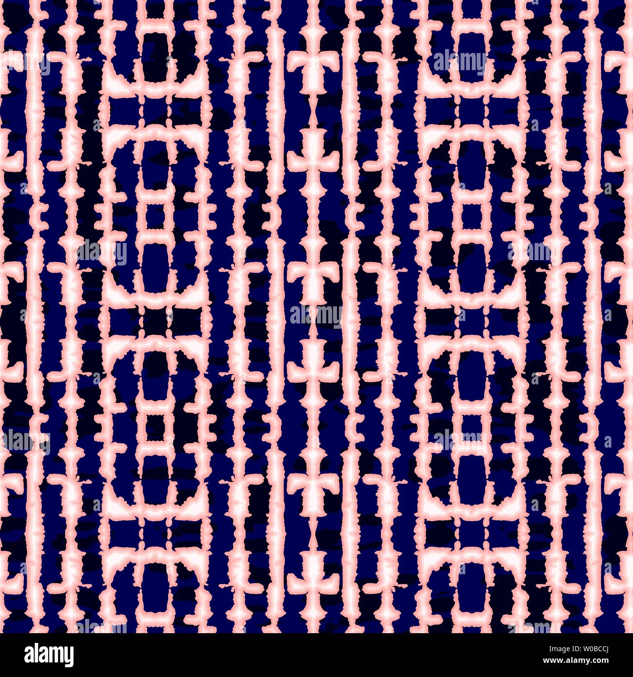 Résumé En Miroir Vertical Coral Tie-Dye Shibori Bandes sur Indigo foncé Backrgound Vector Pattern transparente. Parfait pour les textiles Printemps-été, Statio Illustration de Vecteur