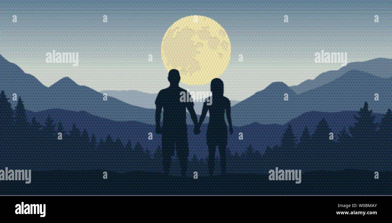 Couple ressemble à la pleine lune en bleu paysage de montagnes et de forêts dans la nuit vector illustration EPS10 Illustration de Vecteur