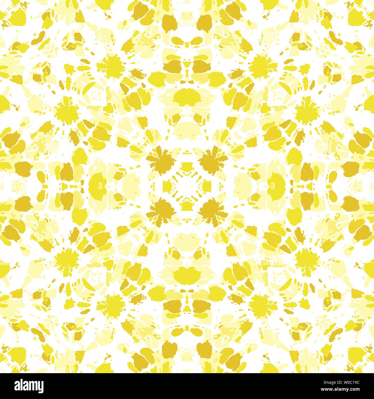 Monochrome jaune vif Shibori Tie-Dye Kaléidoscope Sunburst Mandala en miroir sur fond blanc transparent vecteur modèle. Parfait pour le printemps Illustration de Vecteur