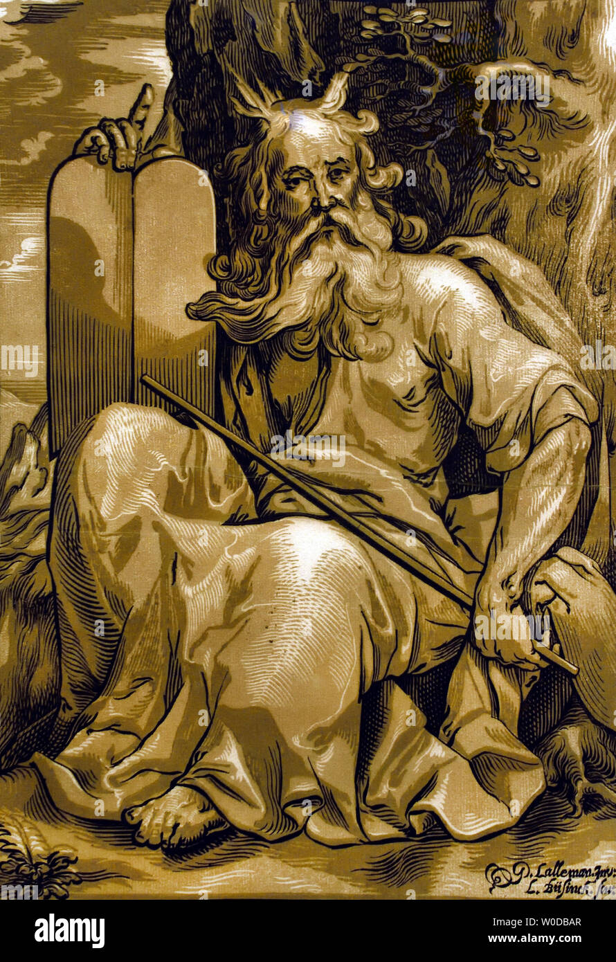 Moïse tenant les tables de la Loi Ludolph Büsinck 1600-1669 était un peintre et graveur sur bois, né à Hann.Allemagne, Banque D'Images