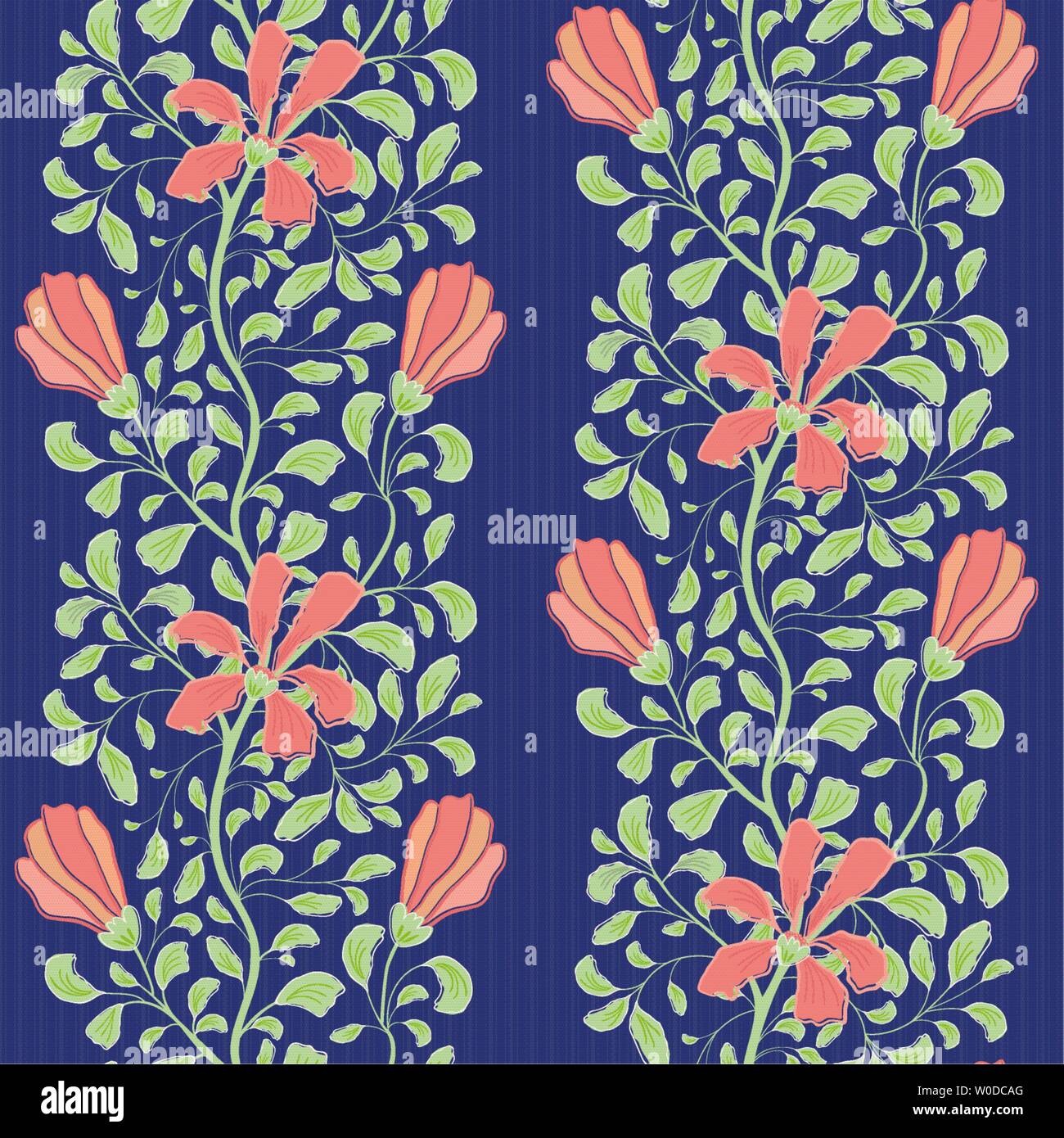 Belles fleurs indiennes la moitié drop design avec les fleurs et feuillage vert. Modèle vectoriel continu sur fond bleu à rayures. Super pour le bien-être Illustration de Vecteur