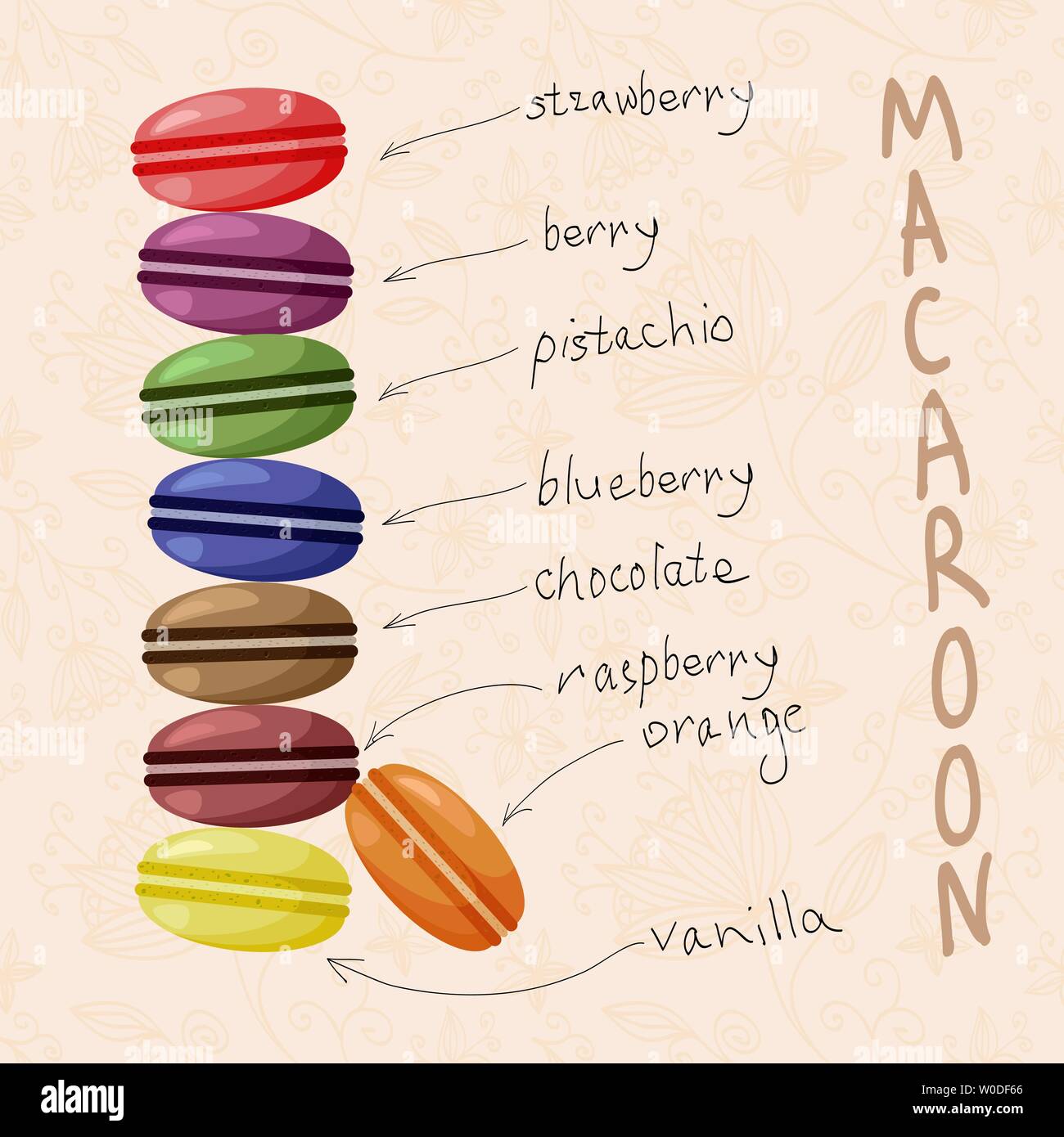 Macarons colorés goût différent sur le vecteur de fond floral transparent Illustration de Vecteur