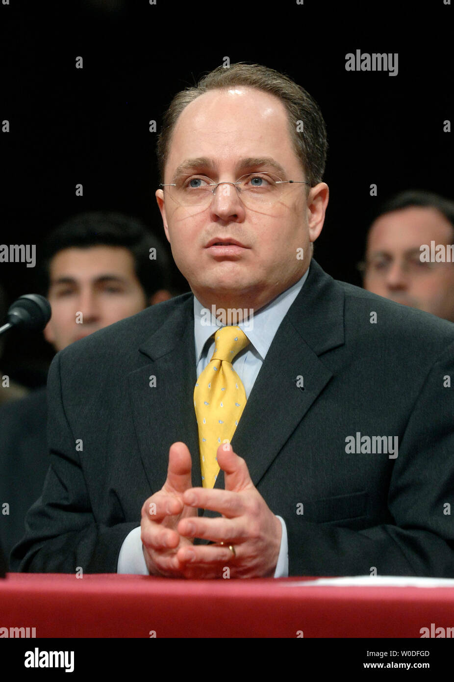 Kyle Sampson, Procureur Général Gonzales' ancien chef d'état-major, témoigne devant le Comité judiciaire du Sénat sur le congédiement de huit procureurs américains, sur la colline du Capitole à Washington le 29 mars 2007. (UPI Photo/Kevin Dietsch) Banque D'Images