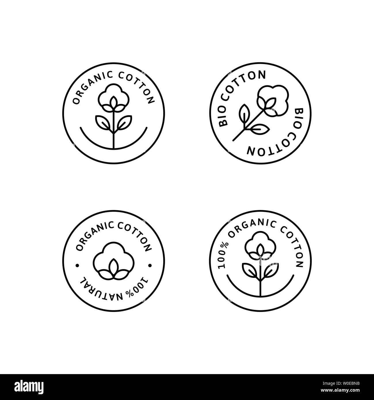 Ensemble d'étiquettes de chemise de coton biologique naturel et insignes - Vector icône ronde, autocollant, Logo, Tampon, fleur de coton Tag isolé sur fond blanc - Natu Illustration de Vecteur