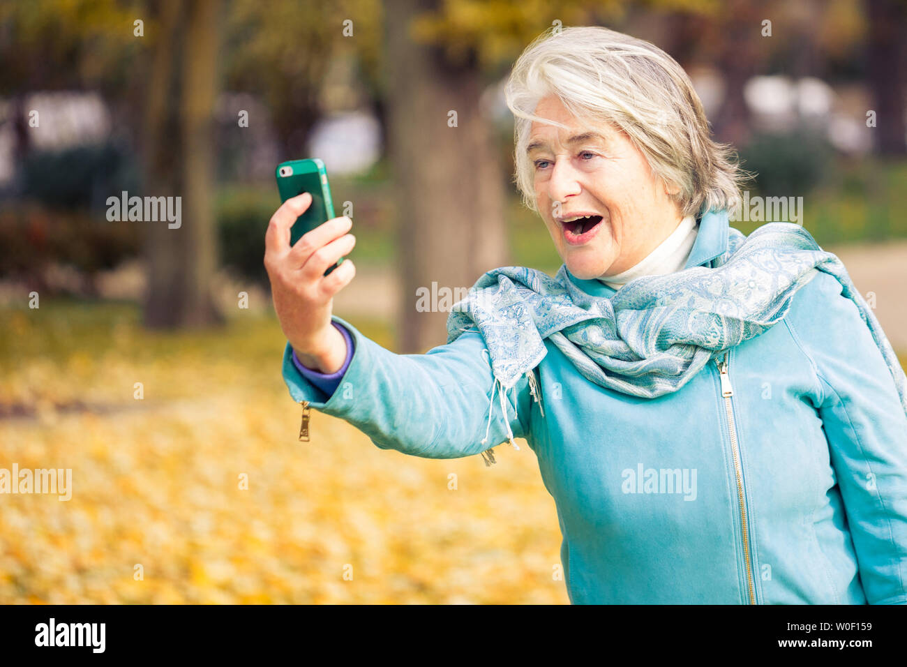 Vue d'un souriant et assez espressive senior woman looking at son téléphone sur feuilles jaunes en face d'un des arbres avec des couleurs automnales. Banque D'Images