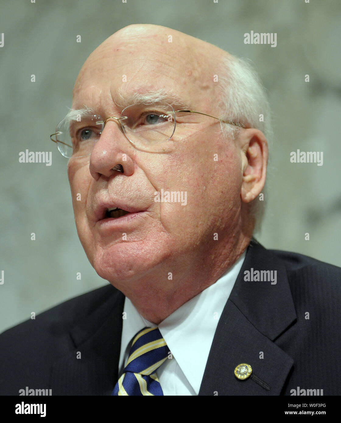 Le Président du Comité judiciaire du Sénat le sénateur Patrick Leahy, D-VT, donne sa déclaration d'ouverture au cours de la première audience de confirmation pour candidat à la Cour suprême Sonia Sotomayor sur la colline du Capitole à Washington le 13 juillet 2009. (UPI Photo/Kevin Dietsch) Banque D'Images