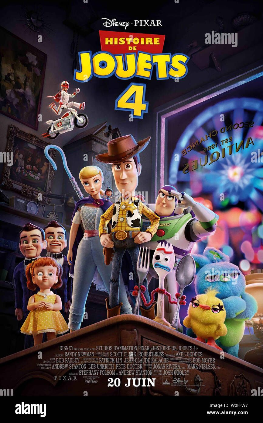 TOY STORY 4, (aka HISTOIRE DE JOUETS 4), l'affiche en français, Benson,  Gabby Gabby (voix : C. Hendricks), Duc (voix Caboom : K.Reeves), Bo Peep  (voix : A.Potts), Woody (voix : T.