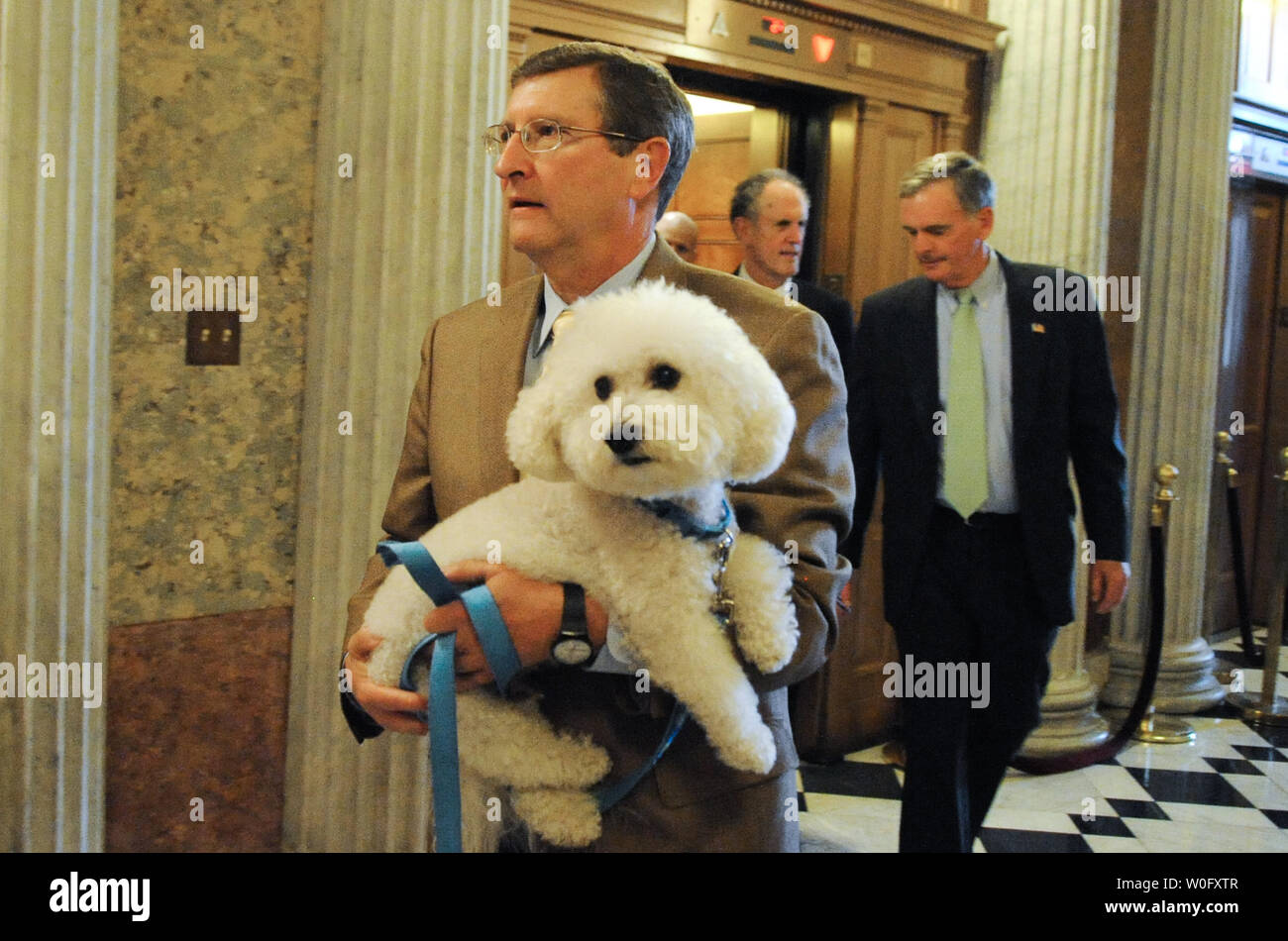 Le sénateur Kent Conrad (D-E) en allant à l'étage du Sénat avec son chien, Dakota du Nord, sur la colline du Capitole à Washington, le 5 août 2010. Le Sénat américain a voté pour confirmer la Cour suprême prête-nom Elena Kagan 63-37. UPI/Alexis C. Glenn Banque D'Images