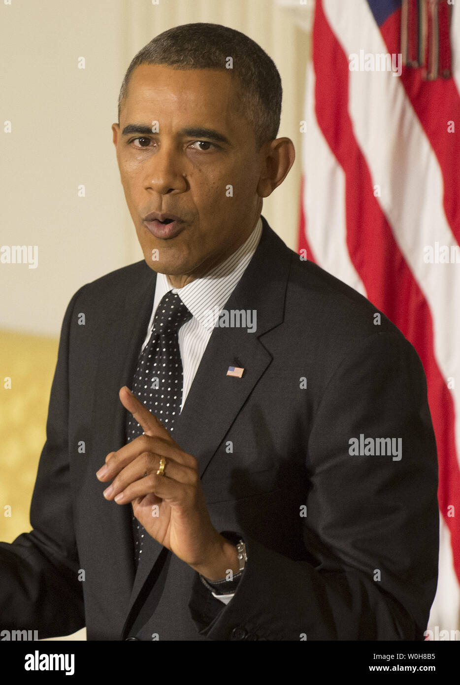 Le président Barack Obama annonce Janet Yellen à son prête-nom pour être le prochain président de la Réserve fédérale, lors d'un événement dans l'État à manger à la Maison Blanche le 9 octobre 2013 à Washington, D.C. Yellen est le remplacement de Ben Bernanke, président sortant. UPI/Kevin Dietsch Banque D'Images