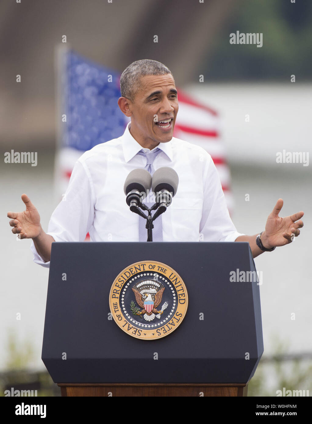 Allocution du Président Barack Obama sur l'économie et la nécessité de financer le Highway Trust Fund, à Washington, D.C., le 1 juillet 2014. UPI/Kevin Dietsch Banque D'Images