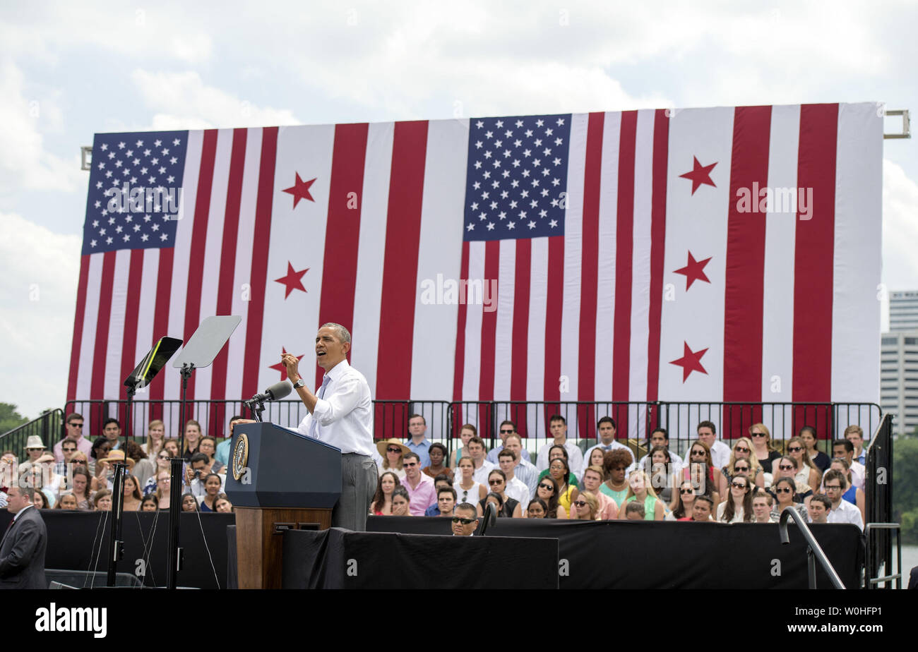 Allocution du Président Barack Obama sur l'économie et la nécessité de financer le Highway Trust Fund, à Washington, D.C., le 1 juillet 2014. UPI/Kevin Dietsch Banque D'Images