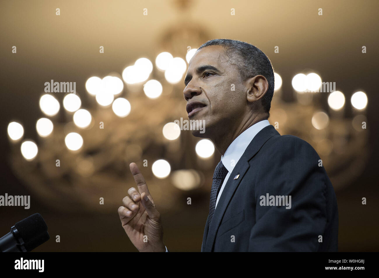 Le président Barack Obama prononce une allocution au Sommet de la Washington Bourse pour jeunes leaders africains, à l'Omni Shoreham Hotel, 28 juillet 2014 à Washington, D.C. Le sommet de trois jours réunira 500 de l'Afrique subsaharienne's young leaders de leur donner la possibilité de s'engager avec les représentants du gouvernement, des entrepreneurs et des représentants de la société civile et les développeurs. UPI/Kevin Dietsch Banque D'Images