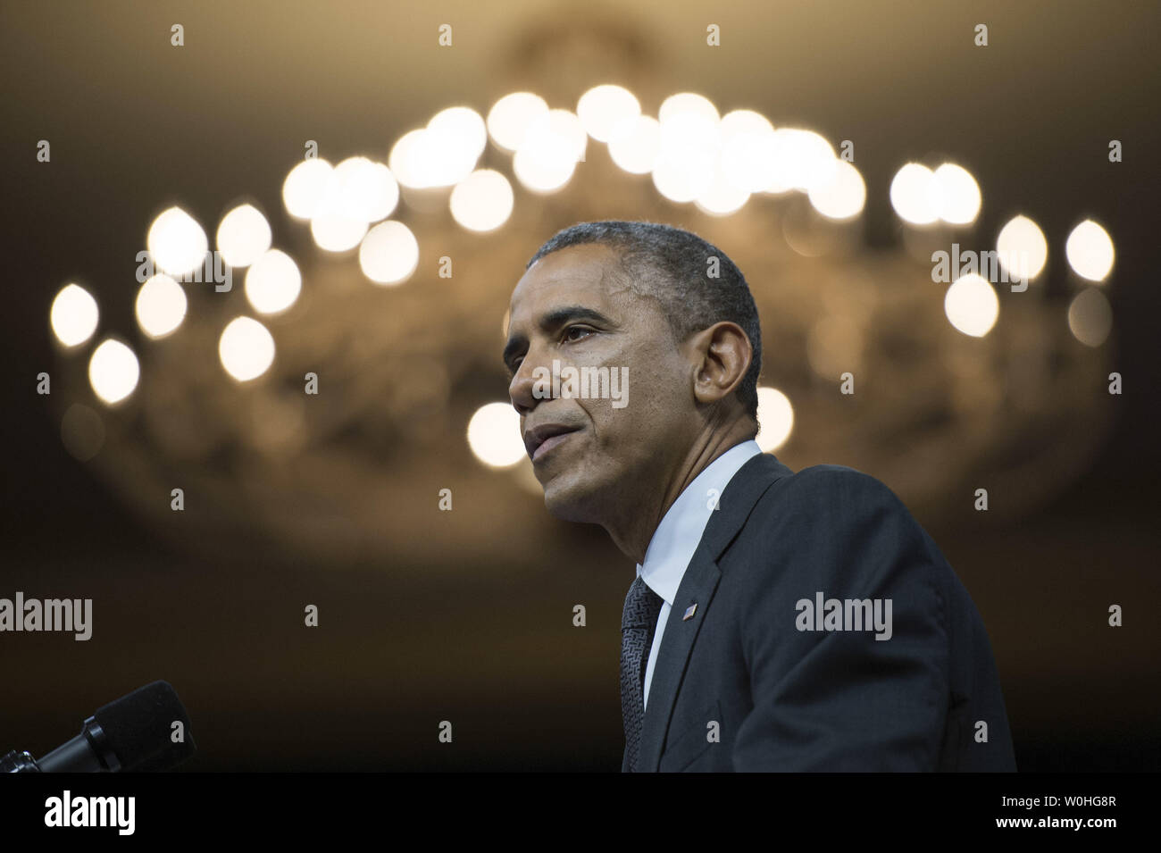 Le président Barack Obama prononce une allocution au Sommet de la Washington Bourse pour jeunes leaders africains, à l'Omni Shoreham Hotel, 28 juillet 2014 à Washington, D.C. Le sommet de trois jours réunira 500 de l'Afrique subsaharienne's young leaders de leur donner la possibilité de s'engager avec les représentants du gouvernement, des entrepreneurs et des représentants de la société civile et les développeurs. UPI/Kevin Dietsch Banque D'Images