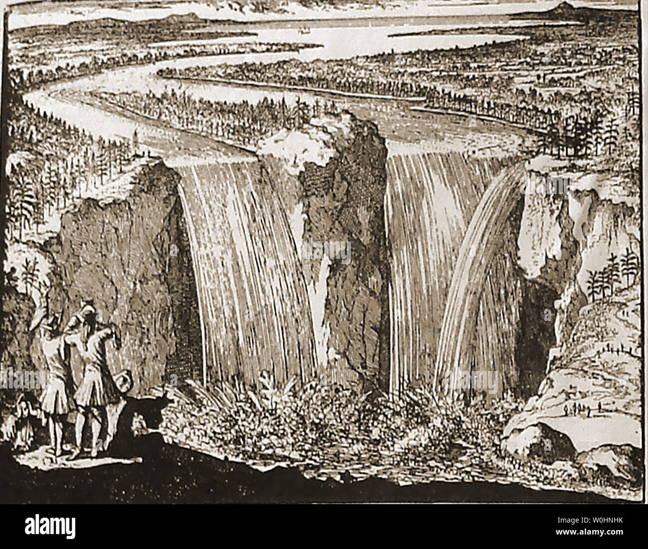 1697 - La première photo de Niagara Falls qui est apparu au Royaume-Uni (l'une des personnes sur la photo est le Père Louis Hennepin, un missionnaire Belge Banque D'Images