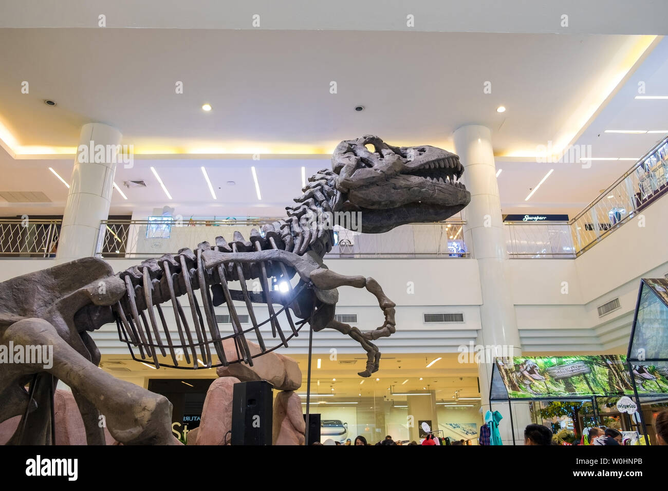 Bangkok, Thaïlande - 17 octobre 2015 : squelette de dinosaure montrant et regarder les gens à department store Banque D'Images