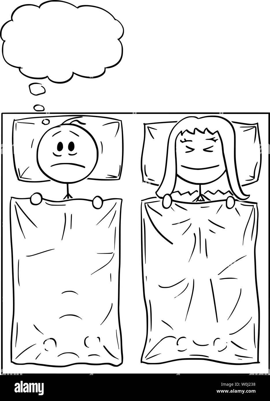 Vector cartoon stick figure dessin illustration conceptuelle du couple Lying in Bed, femme dort, l'homme ne peut pas dormir, penser à problème ou souffrant d'insomnie. Illustration de Vecteur