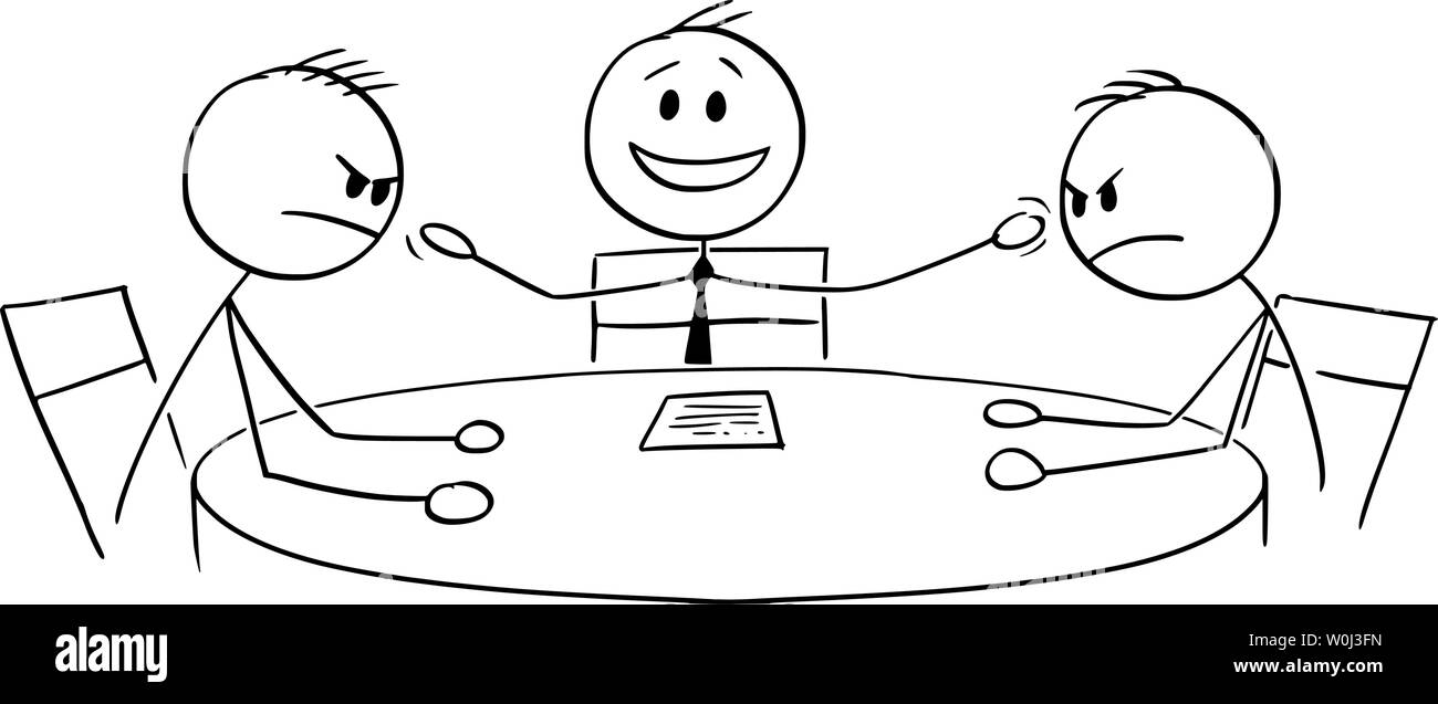 Vector cartoon stick figure dessin illustration conceptuelle du débat politique à la télévision avec deux clients agressifs ou opposants et hôte souriant ou présentateur. Illustration de Vecteur