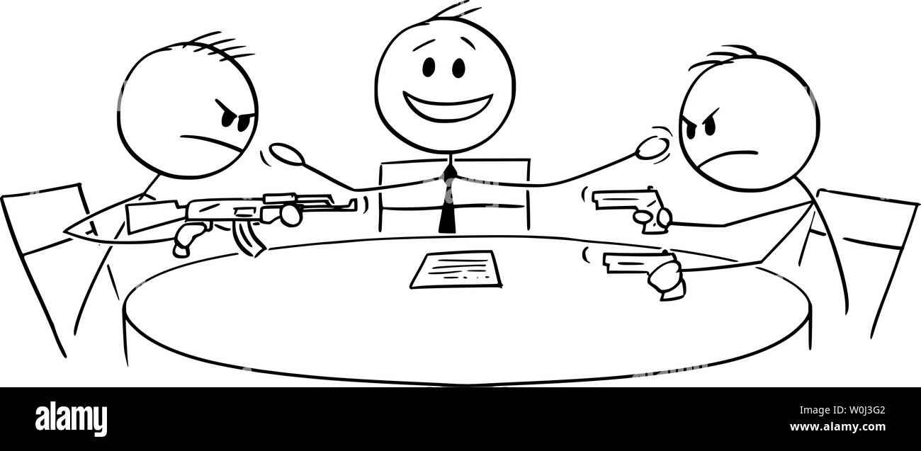 Vector cartoon stick figure dessin illustration conceptuelle du débat politique à la télévision avec deux adversaires armés ou les clients agressifs avec des armes et de l'hôte souriant ou présentateur. Illustration de Vecteur