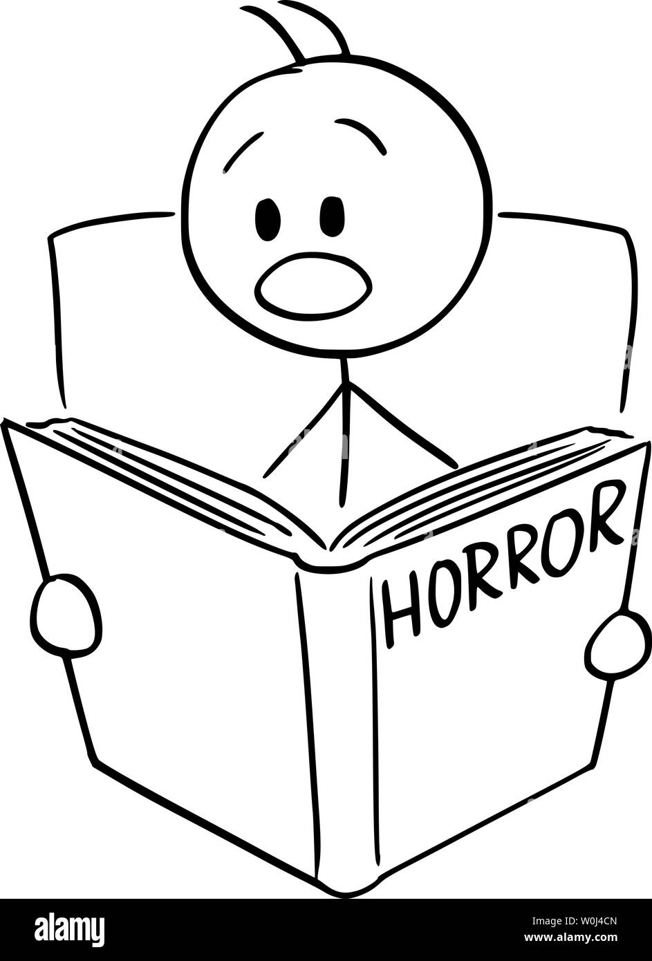 Vector cartoon stick figure dessin illustration conceptuelle de l'homme effrayé effrayant lecture livre d'horreur. Illustration de Vecteur