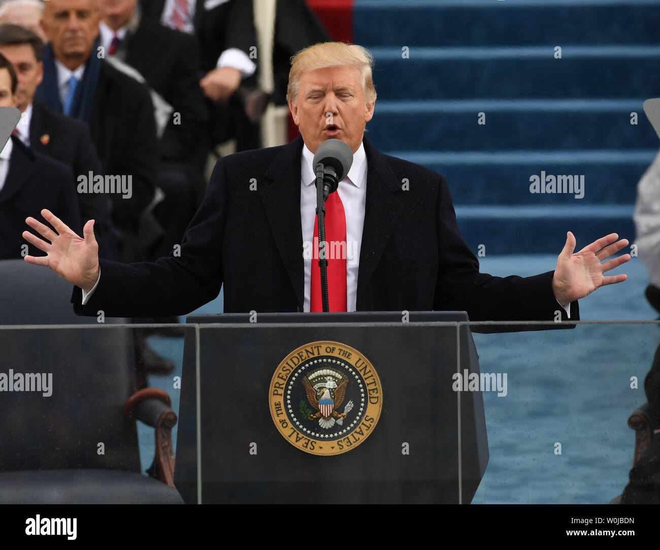 Le président Donald Trump offre son discours lors de l'inauguration le 20 janvier 2017 à Washington, D.C. Trump est devenu le 45e président des États-Unis. Photo de Pat Benic/UPI Banque D'Images