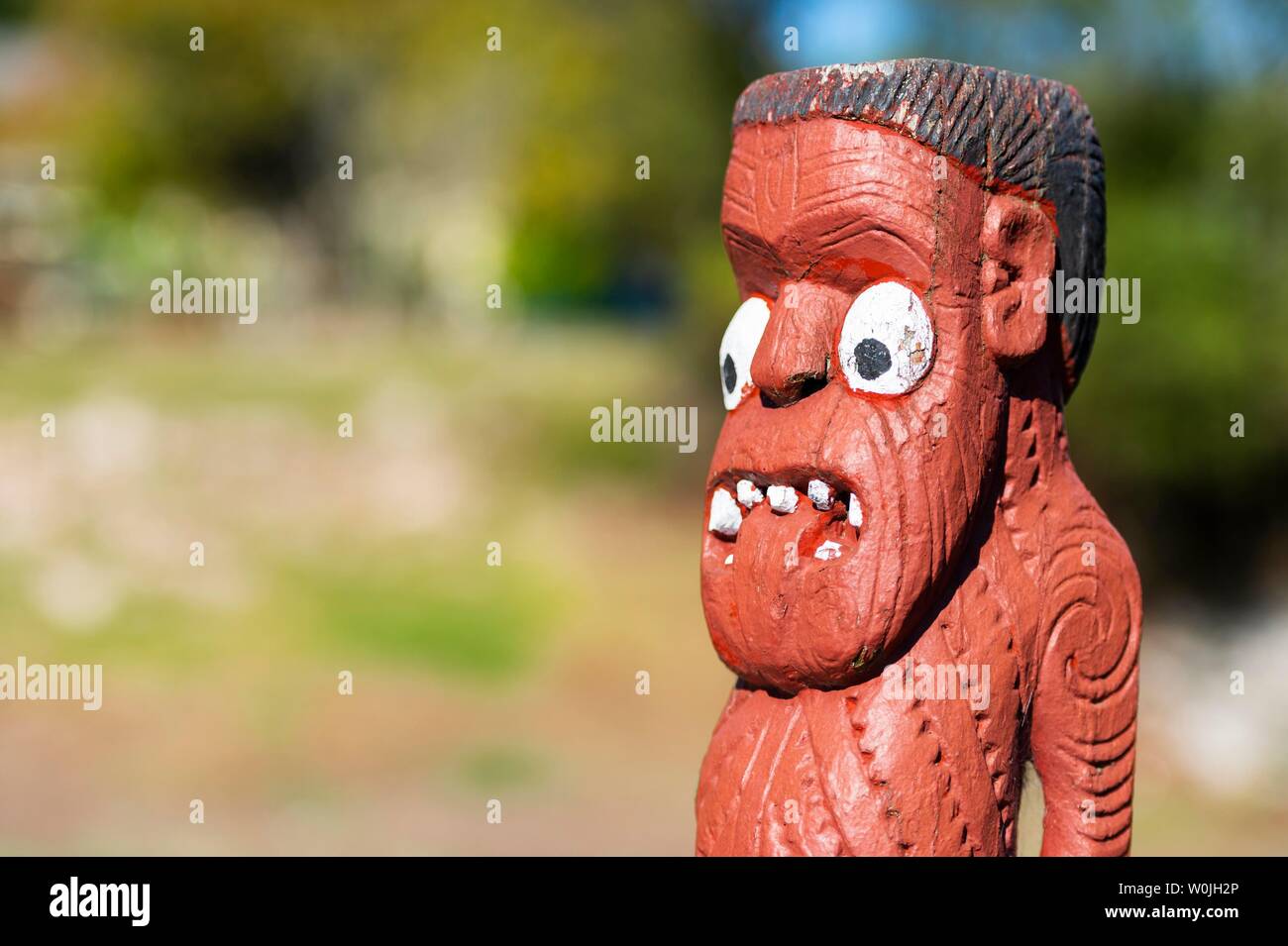 Sculpté avec art statue traditionnelle des Maoris, faite de bois, Rotorua Whakarewarewa, Bay of Plenty, île du Nord, Nouvelle-Zélande Banque D'Images