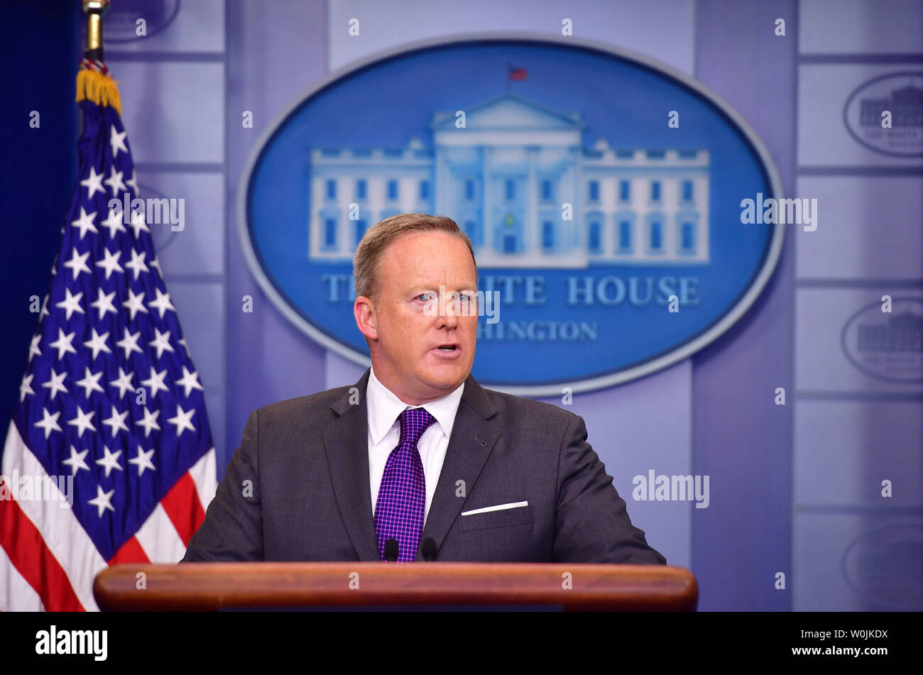 Secrétaire de presse de la Maison Blanche Sean Spicer tient la conférence de presse quotidienne à la Maison Blanche, à Washington, D.C. le 17 juillet 2017. Photo par Kevin Dietsch/UPI Banque D'Images
