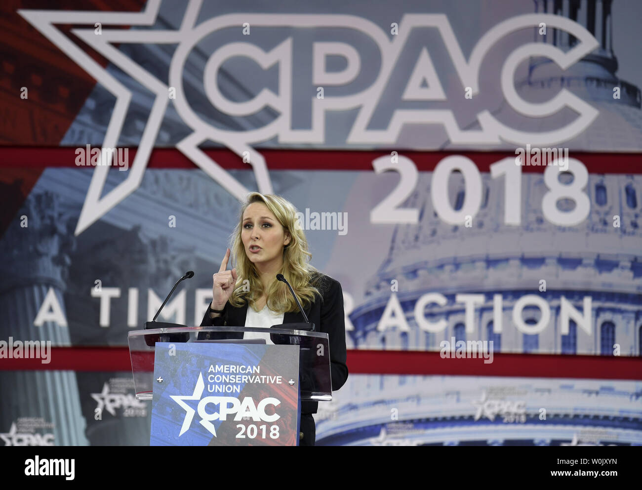 Homme politique français, et petite fille de fondateur du Front National Jean-Marie Le Pen, Marion Marechal-Le Pen fait lors de la Conférence d'action politique conservateur (CPAC), le 22 février 2018, à National Harbor, Maryland. Des milliers de militants conservateurs, républicains et Tea Party Patriots se sont réunis pour entendre les politiciens et les hôtes parlent à la radio et à la télévision, le hall et le réseau de la cause des conservateurs. Photo de Mike Theiler/UPI Banque D'Images