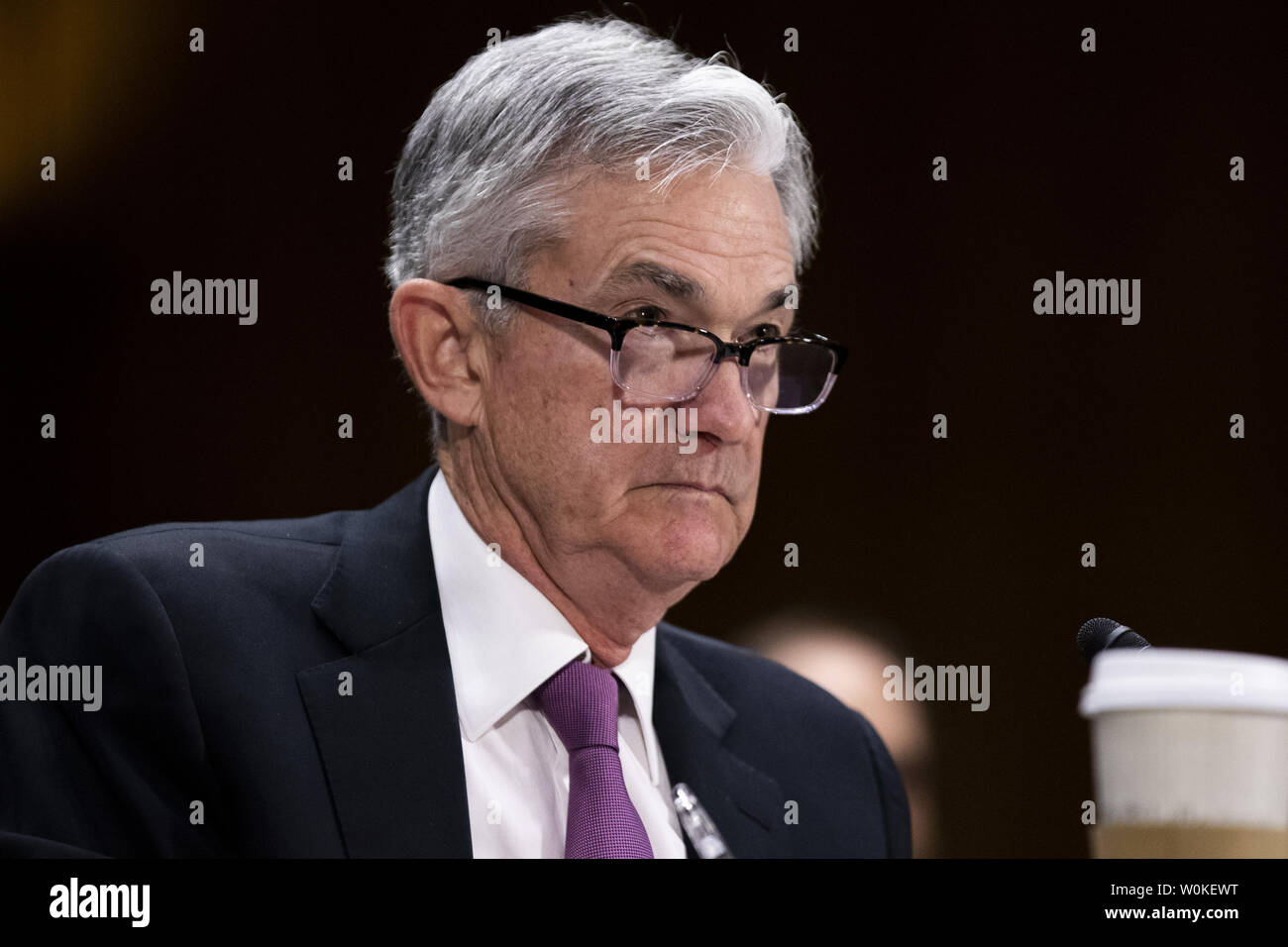 Jerome Powell, président de la Réserve fédérale fournit le gouvernement fédéral se réserve' 'Semiannual Rapport sur la politique monétaire au Congrès' devant le comité sénatorial des banques sur la colline du Capitole à Washington, D.C. le 26 février 2019. Photo par Alex Edelman/UPI Banque D'Images