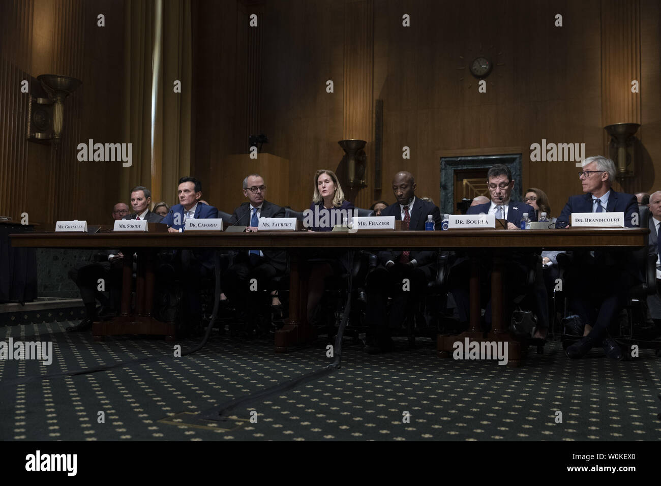 De gauche à droite : Richard Gonzalez, président-directeur général de AbbVie Inc., Pascal Soriot, directeur exécutif et chef de la direction d'AstraZeneca, Giovanni Caforio, président du conseil et chef de la direction de Bristol-Myers Squibb Co., Jennifer Taubert, vice-président exécutif et président de Janssen Pharmaceuticals dans le monde entier, Johnson & Johnson, Kenneth Frazier, président et chef de la direction de Merck & Co., Inc., Albert, PDG de Bourla, Pfizer et Olivier Brandicourt, Directeur Général de Sanofi témoigner lors d'une audience du comité des finances du Sénat sur la fixation des prix des médicaments au nord sur la colline du Capitole à Washington, D.C. le 26 février 2019. Photo par Alex Edelman/UPI Banque D'Images