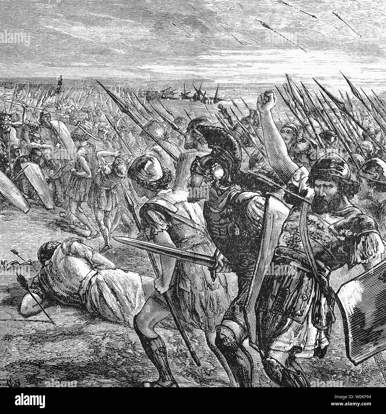La bataille de Marathon a eu lieu en 490 avant J.-C., lors de la première invasion perse de la Grèce. Elle s'est déroulée entre les citoyens d'Athènes, aidé par Plataea, et une force perse commandée par Datis et Artapherne. La bataille a été le point culminant de la première tentative par la Perse, sous le règne de Darius I, pour subjuguer la Grèce. L'armée grecque défont les plus nombreux Perses, marquant un tournant dans l'Greco-Persian Wars. Banque D'Images