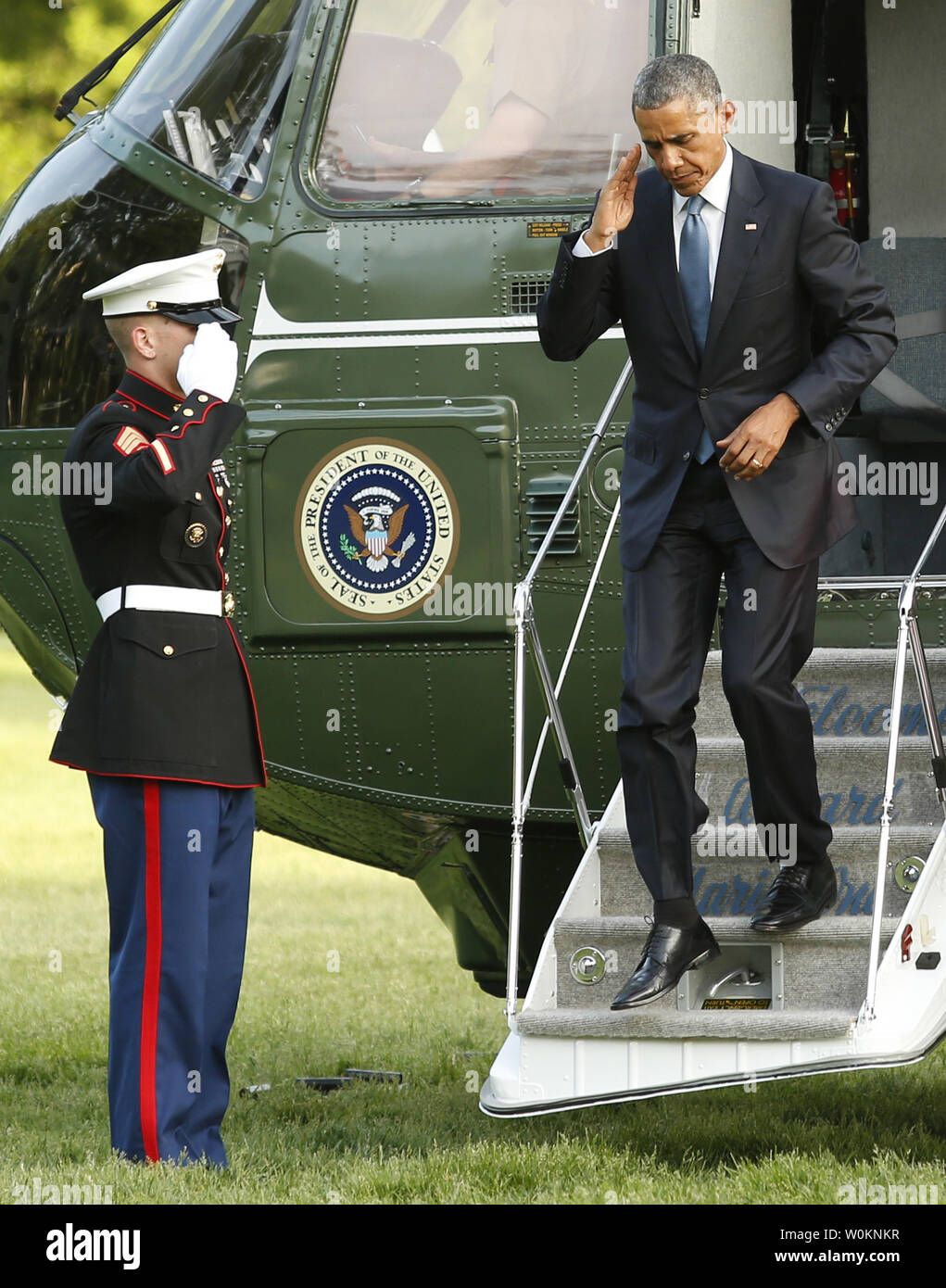 Le président des États-Unis, Barack Obama, retourne à la Maison Blanche à Washington de Camp David le 14 mai 2015 après sa rencontre avec les dirigeants du Conseil de coopération du Golfe et les délégations. UPI/Yuri Gripas. Banque D'Images