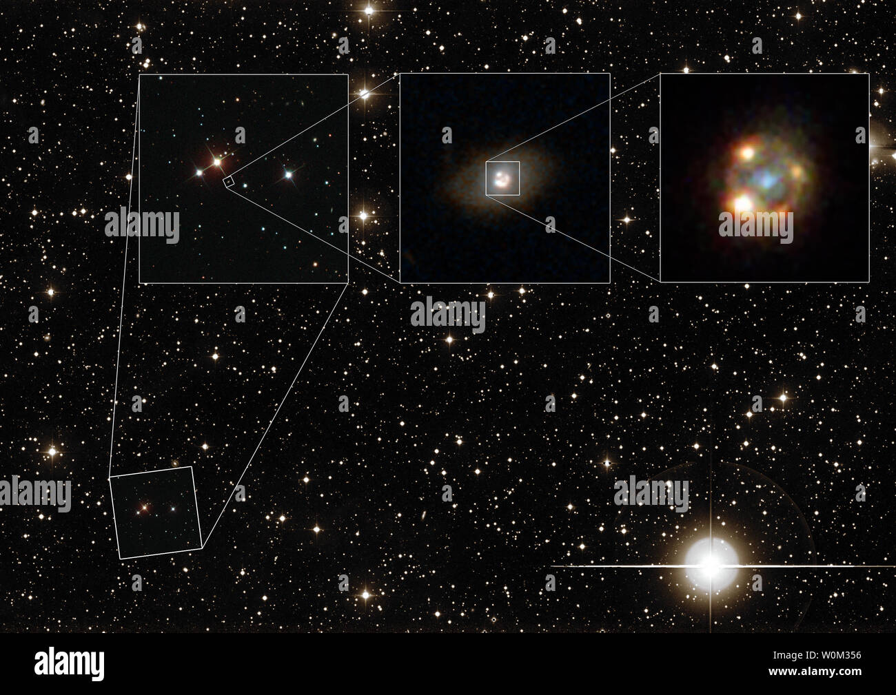 Cette image composite, publié le 20 avril 2017, présente le type de lentille gravitationnelle GIP supernova Ia16geu, comme vu avec différents télescopes. L'image d'arrière-plan montre un champ large vue du ciel nocturne comme vu avec l'Observatoire du Mont Palomar situé sur la montagne du Mont Palomar, en Californie. L'image de gauche montre les observations faites avec le Sloan Digital Sky Survey (SDSS). L'image centrale a été prise par la NASA/ESA Hubble Space Telescope et montre la galaxie lentille gravitationnelle SDSS J210415.89-062024.7. L'image de droite a également été pris avec Hubble et illustre les quatre images de la supernova lentille explosi Banque D'Images