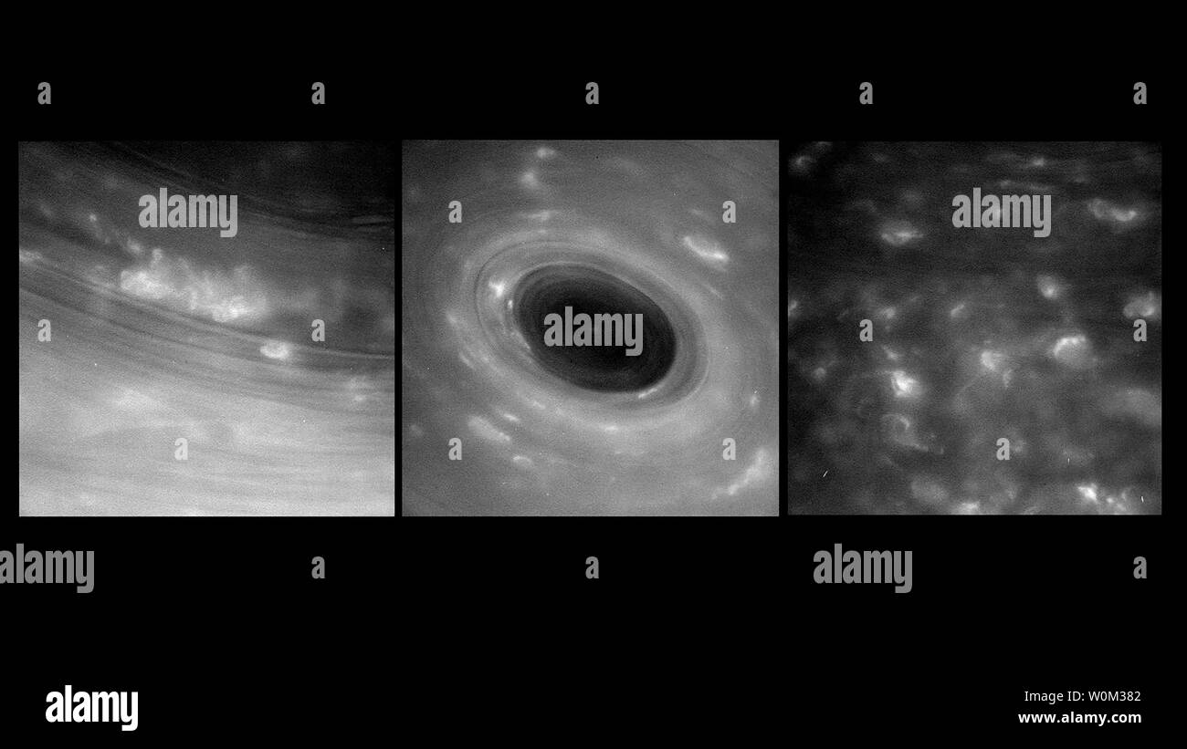 Ces images non traitées présentent des caractéristiques dans l'atmosphère de Saturne de plus près que jamais. Le point de vue a été capturé par le vaisseau spatial Cassini de la NASA lors de sa première Grande Finale depuis la planète plongée Le 26 avril 2017. Cassini a transmis ces images vers la terre après avoir terminé sa première plongée dans l'étroit espace entre la planète Saturne et de ses anneaux. NASA/UPI Banque D'Images