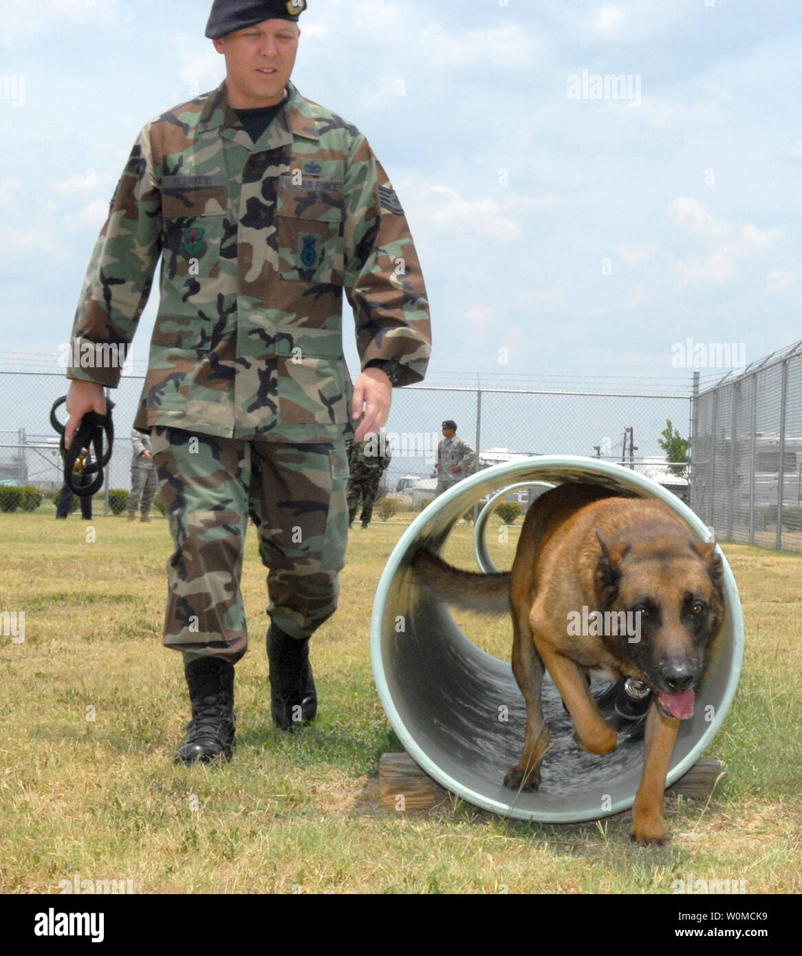 Le s.. Les trains Shawn Elliott chien de travail militaire, Bosco, à Randolph Air Force Base, Texas le 20 juin 2008. Bosco avait commencé en août 2002 et va transférer à Lackland Air Force Base à effectuer diverses tâches avec le 431ème escadron d'entraînement. (Photo/UPI/U.S. McFadden riche Air Force) Banque D'Images