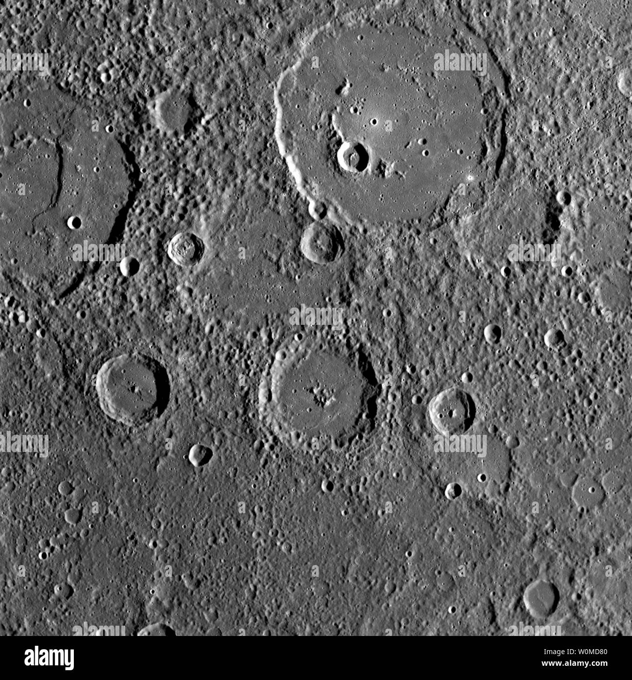 La planète Mercure est représentée le 6 octobre 2008. La sonde de la NASA MESSENGER capturé les images haute résolution qu'il a achevé avec succès son deuxième survol de mercure. (Photo d'UPI/NASA/Johns Hopkins University Applied Physics Laboratory/Carnegie Institution of Washington) Banque D'Images