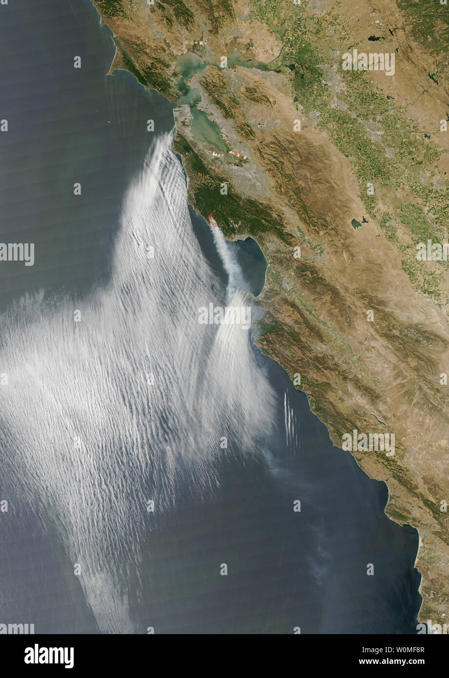 Une image de l'incendie de Lockheed dans les montagnes au sud-ouest de San Jose, Californie a été capturé par le spectromètre imageur à résolution moyenne (MODIS) sur le satellite Aqua de la NASA le 13 août 2009. Les contours rouges marque l'emplacement où le capteur détecté. incendies actifs Une étroite mais fort dégagement de fumée tranches à l'embouchure de la baie de Monterey, qui s'étend au-delà de la ville de Santa Cruz en direction de Monterey. L'incendie a brûlé 6 800 hectares et, en date du 15 août est de 30 pour cent. UPI/NASA Banque D'Images